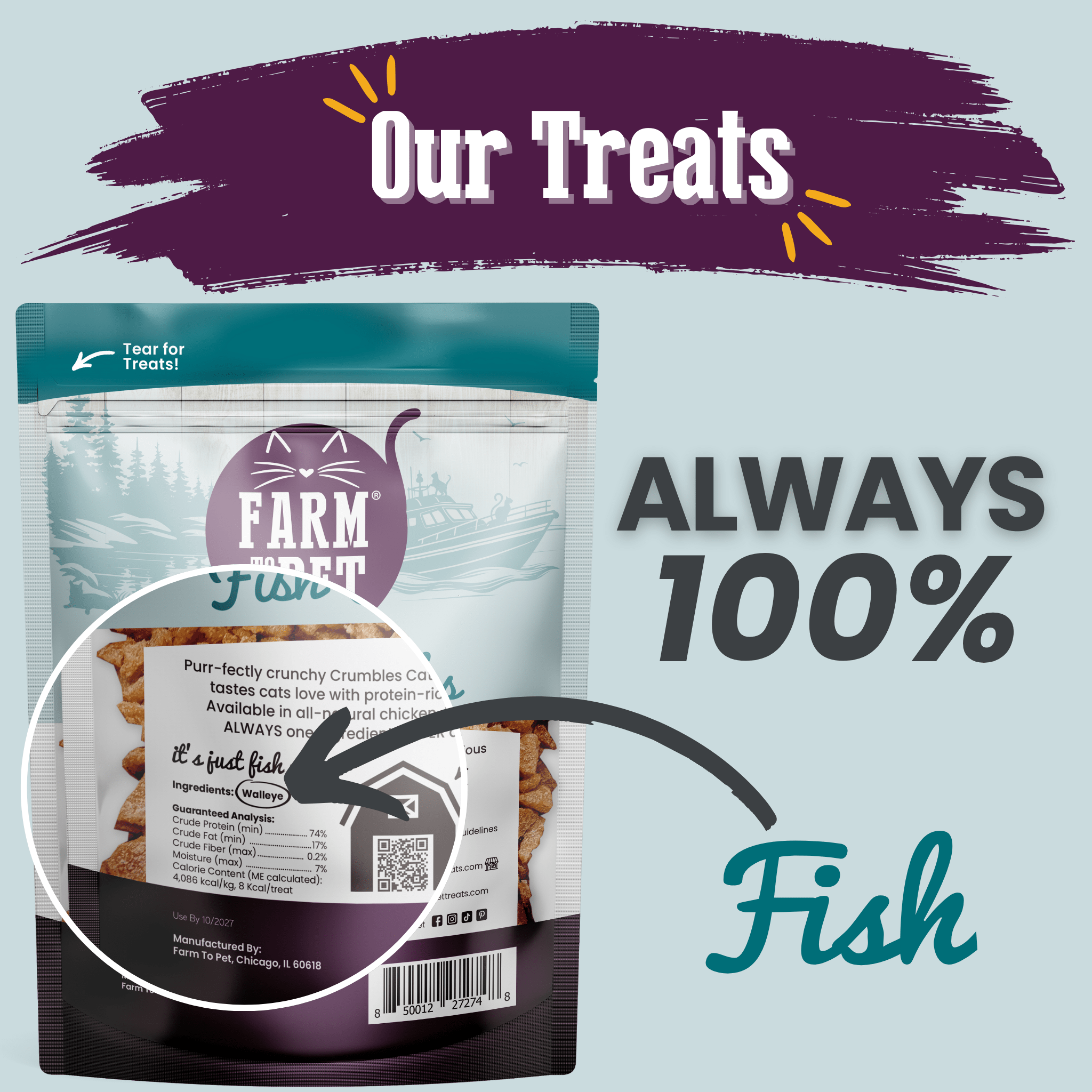 All-natural Fish Crumbles for Cats made from 100% human-grade walleye fillets, grain-free and high in omega-3 fatty acids.