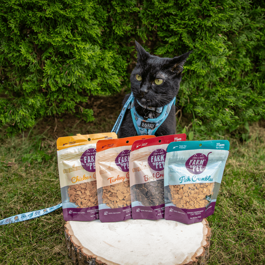 Farm to Pet Beef Crumbles cat treats made with high-protein human-grade beef round, grain-free and bite-sized for cats.