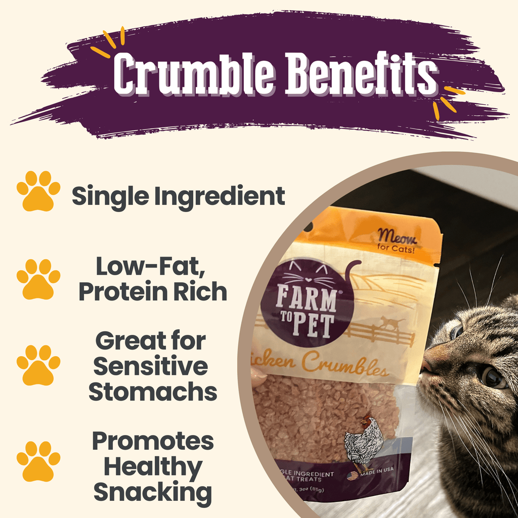 Grain-free Chicken Crumbles cat treats made from human-grade chicken breast, high-protein healthy snacks for cats