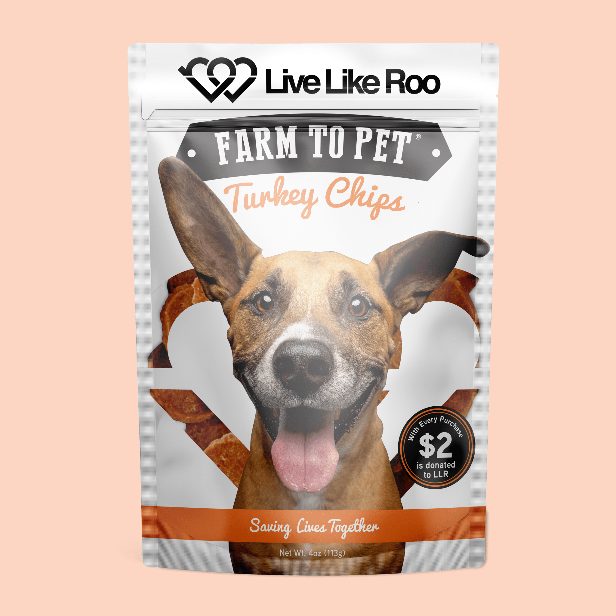 Live Like Roo turkey chips dog treats supporting canine cancer charity with all-natural US turkey breast