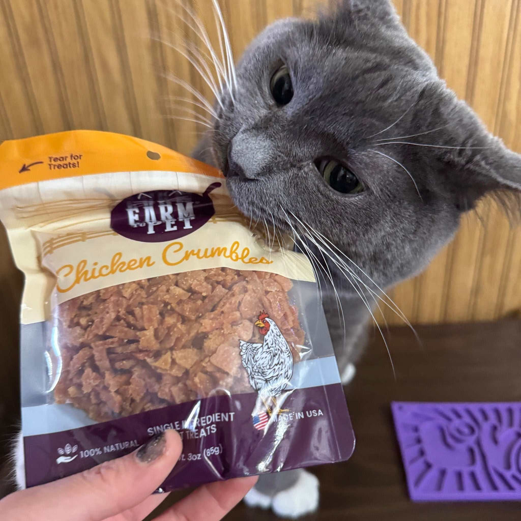 Pack of Farm to Pet Chicken Crumbles Cat Treats made with single-ingredient human-grade chicken breast, grain-free and protein-rich.