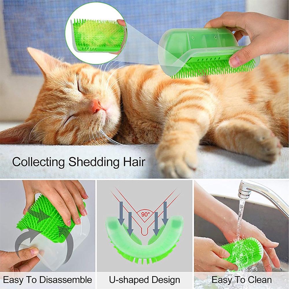 Wall-mounted massager for cats with plastic brush for grooming and hair removal