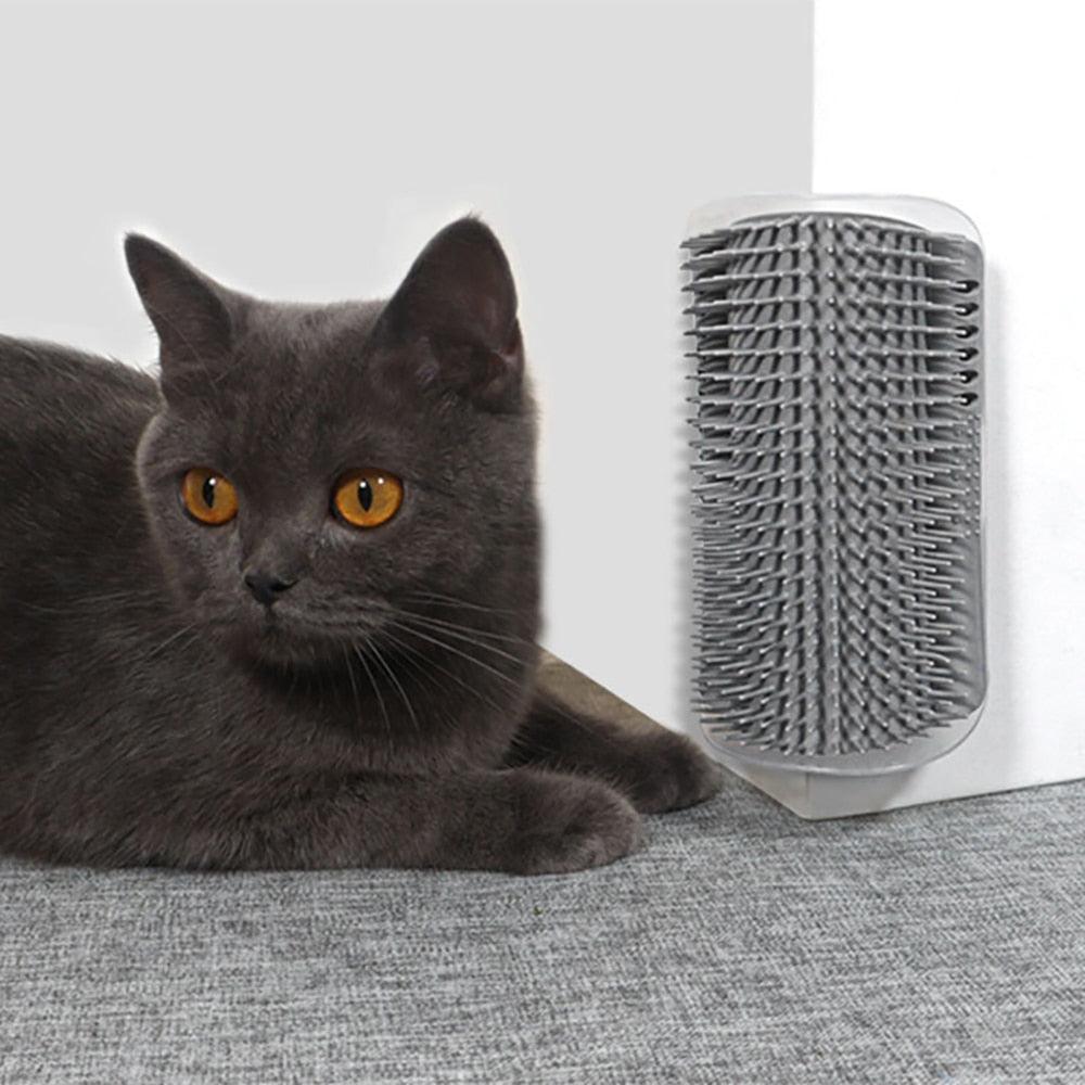 Wall-mounted plastic massager for cats with soft bristles for grooming and fur removal