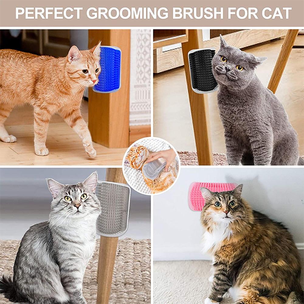 Wall-mounted plastic massager for cats with soft brush for grooming and hair removal