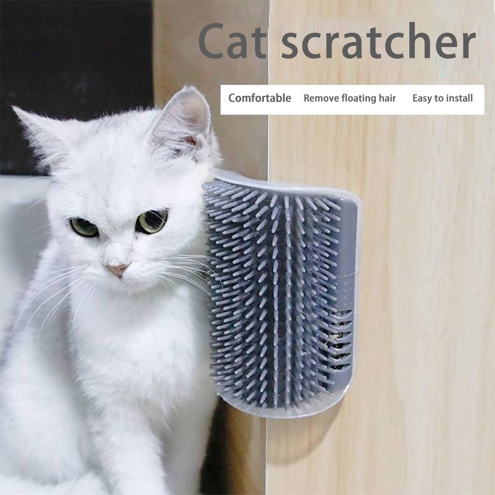 Wall-mounted massager for cats with plastic brush for grooming and hair removal