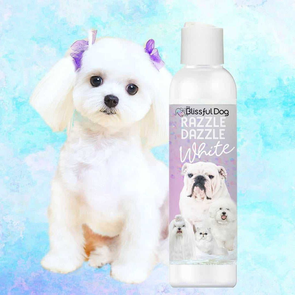 Razzle Dazzle White Pet Shampoo bottle with bright white dog background