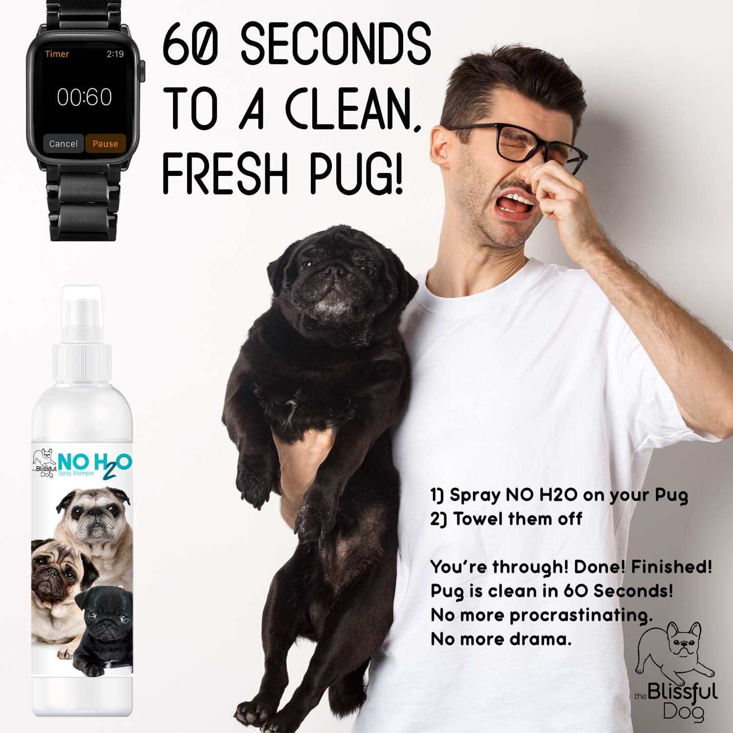 No H20 Spray Pet Shampoo bottle with dog, quick clean pet shampoo in 60 seconds