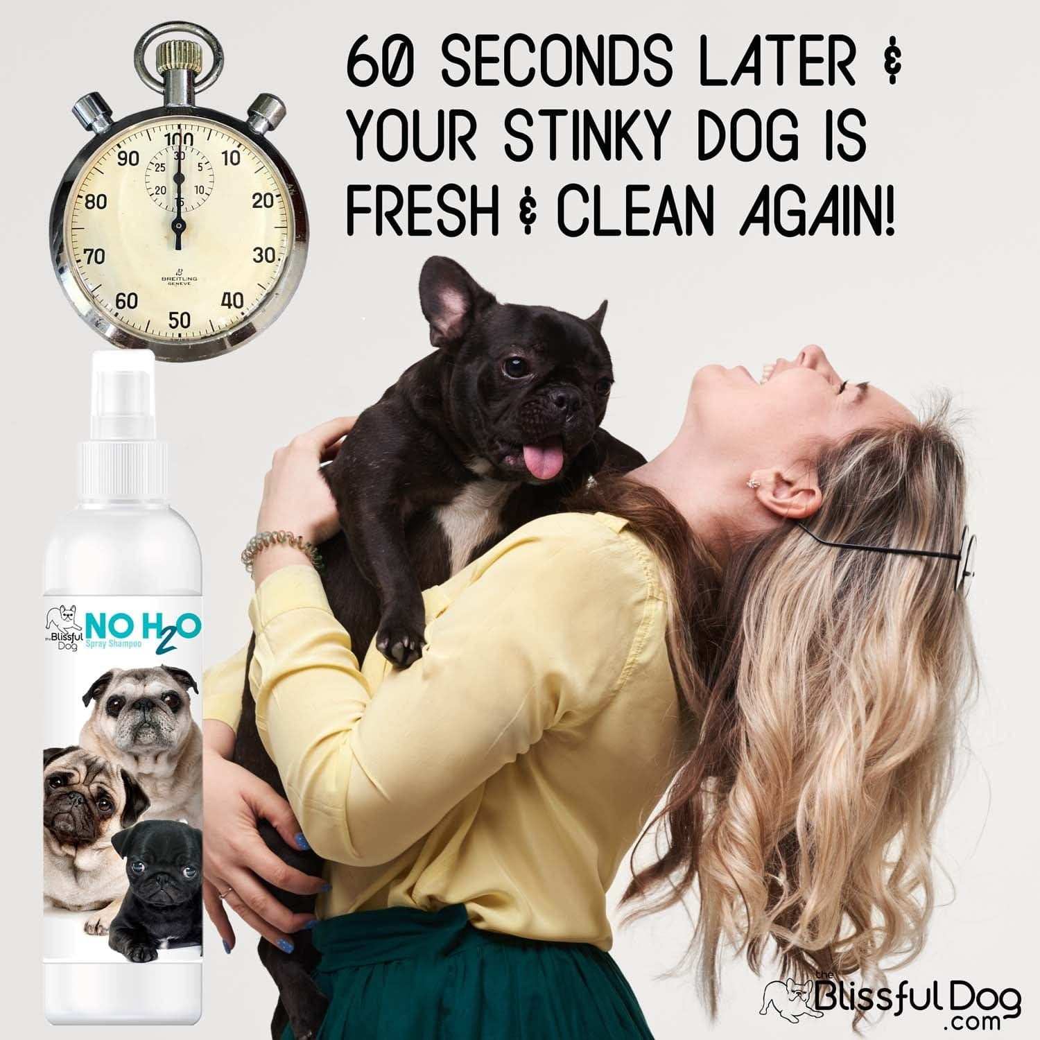 No H20 Spray Pet Shampoo bottle with clean dog in 60 seconds text