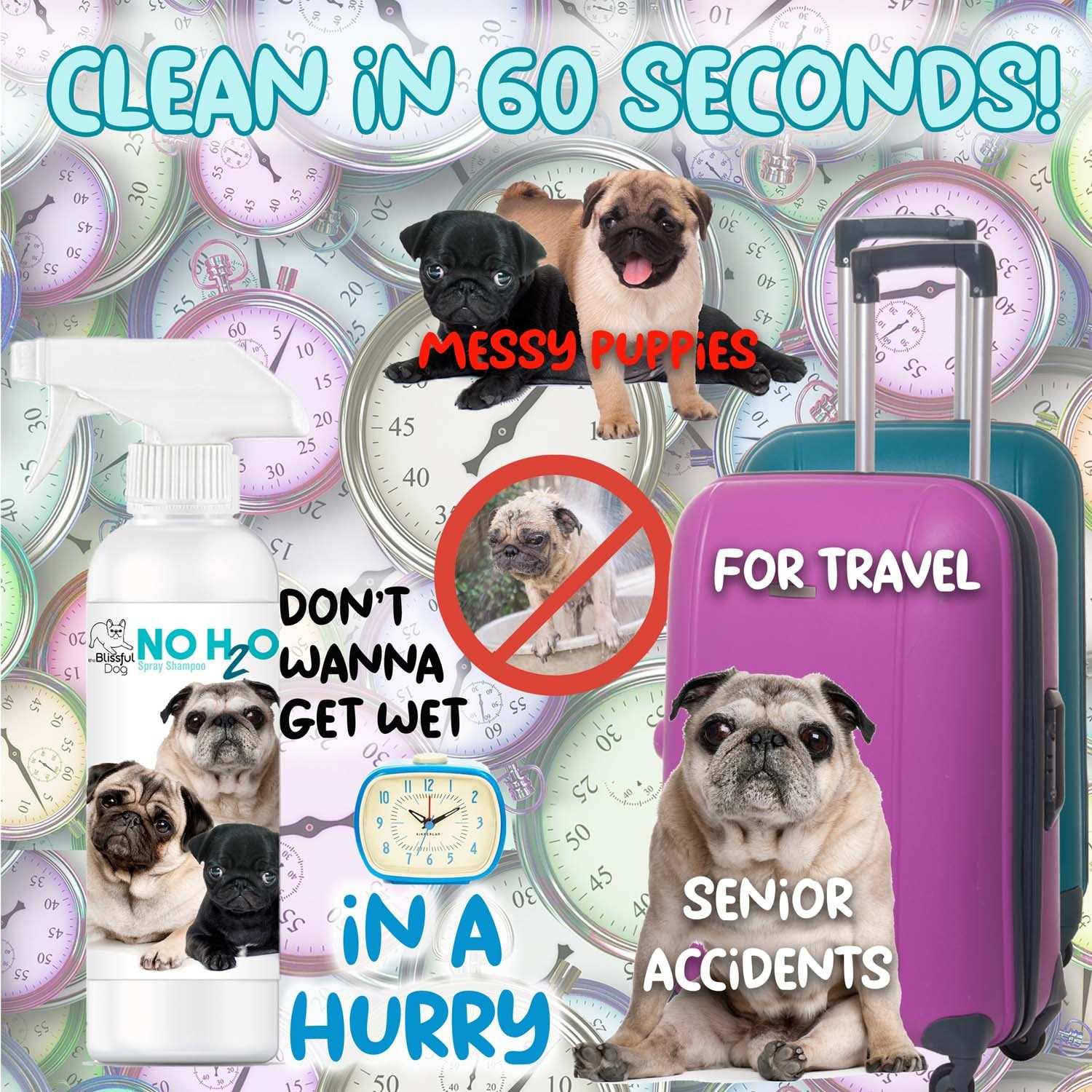 No H20 Spray Pet Shampoo bottle with clean dog illustration and quick bath benefits