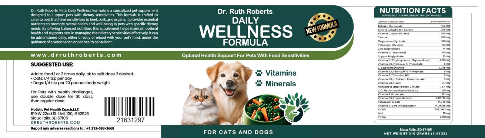 Pet's Daily Wellness Formula multivitamin powder for dogs and cats with pork and beef allergies