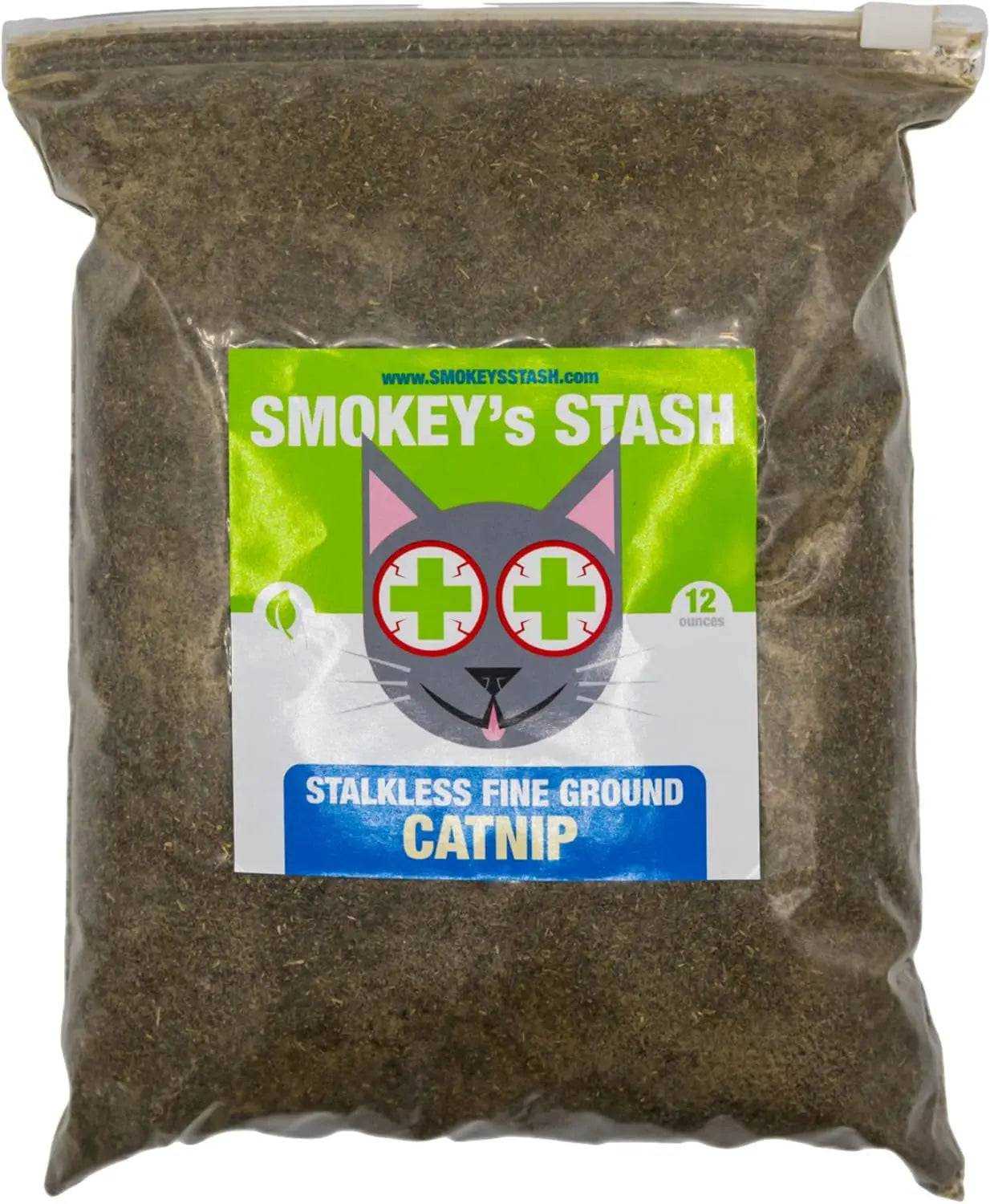 Smokey's Stash Premium Catnip 6oz and 12oz organic stalkless ground catnip in resealable bags