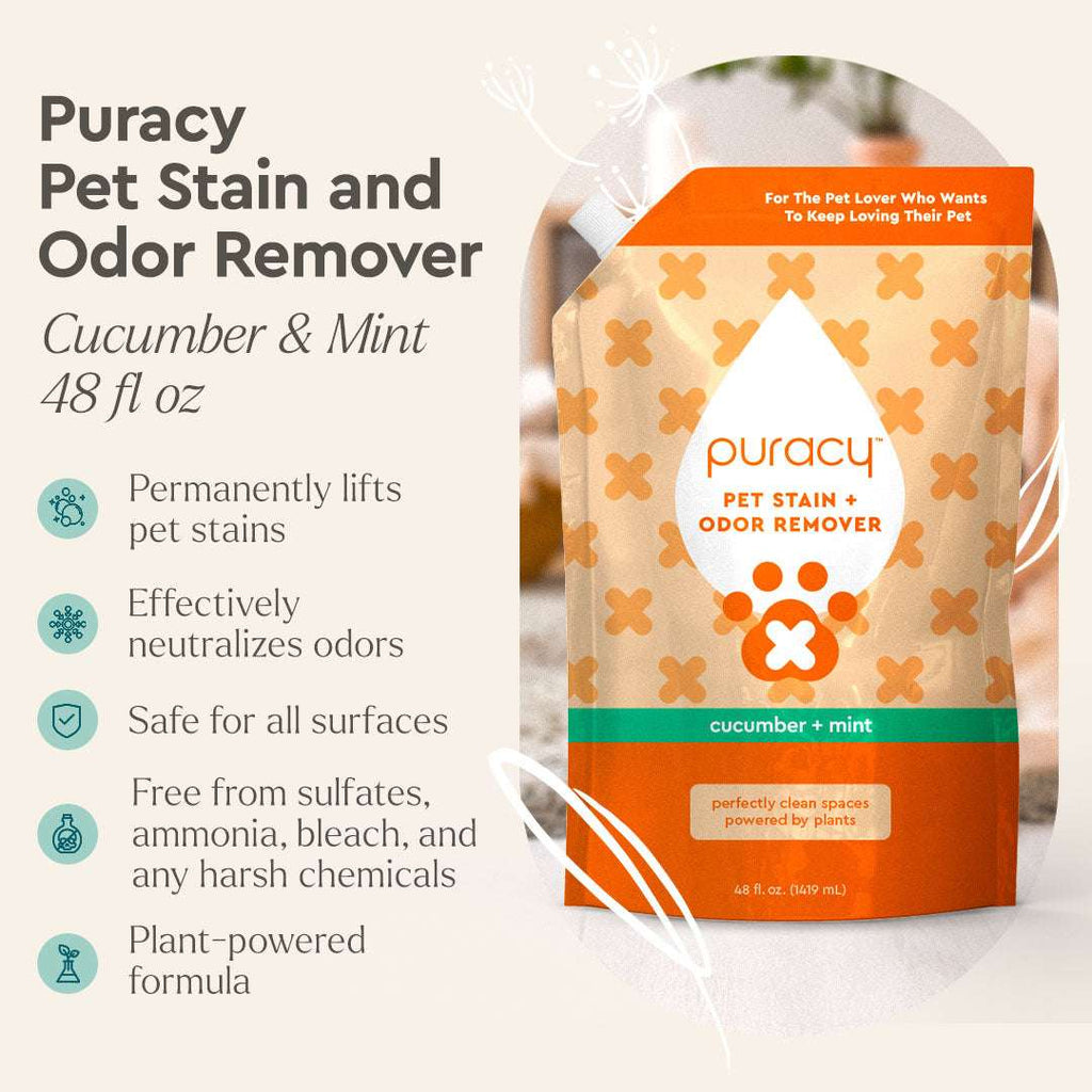 Pet Stain & Odor Remover bottle with plant-based enzyme formula for eliminating pet stains and odors on carpets and upholstery