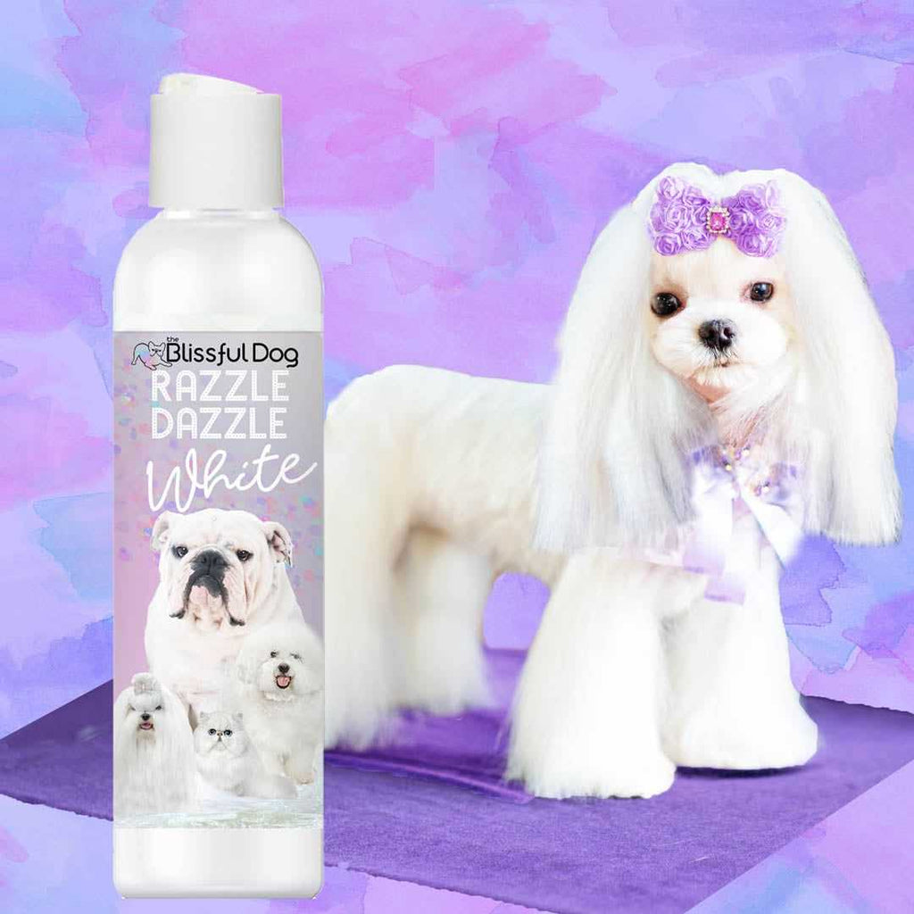 Bottle of Razzle Dazzle White Pet Shampoo for brightening and whitening dog coats
