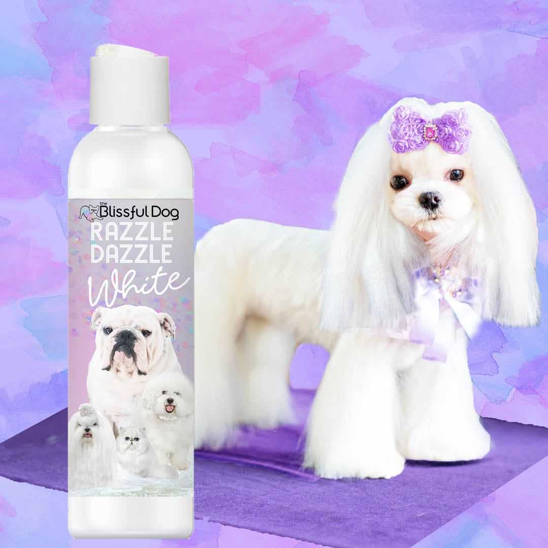 Bottle of Razzle Dazzle White Pet Shampoo for brightening and whitening dog coats