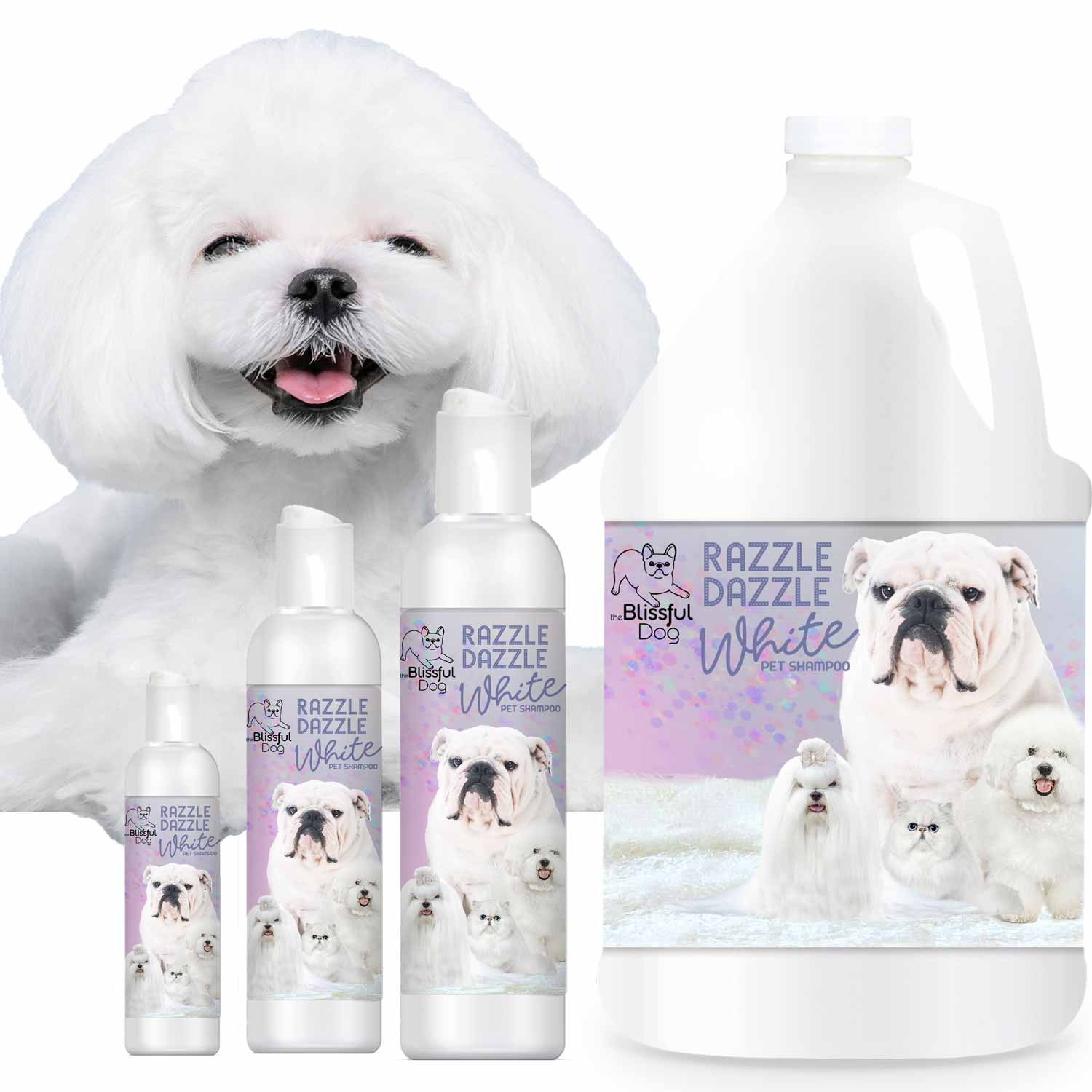 Razzle Dazzle White Pet Shampoo bottle with white dog coat cleaning and brightening benefits