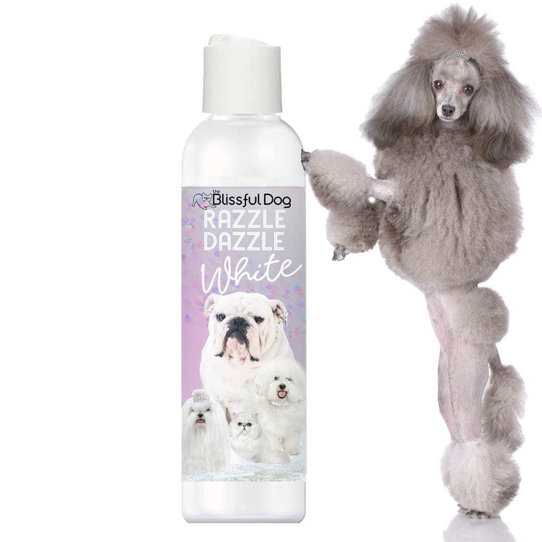 Bottle of Razzle Dazzle White Pet Shampoo for whitening and brightening white dog coats
