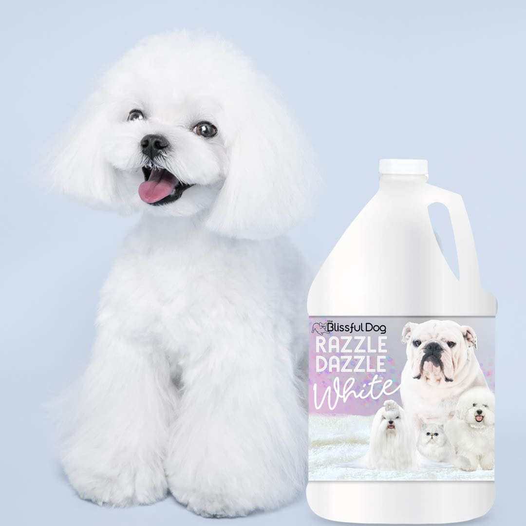Bottle of Razzle Dazzle White Pet Shampoo for whitening and brightening dog's coat
