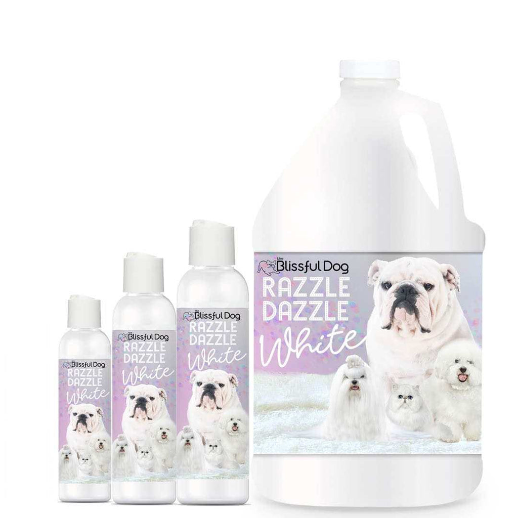 Bottle of Razzle Dazzle White Pet Shampoo for whitening and brightening white dog coats