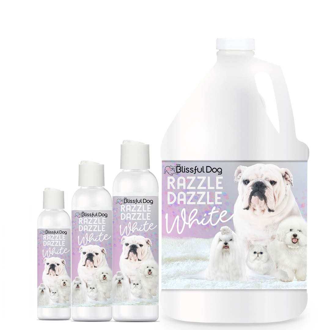 Bottle of Razzle Dazzle White Pet Shampoo for whitening and brightening white dog coats