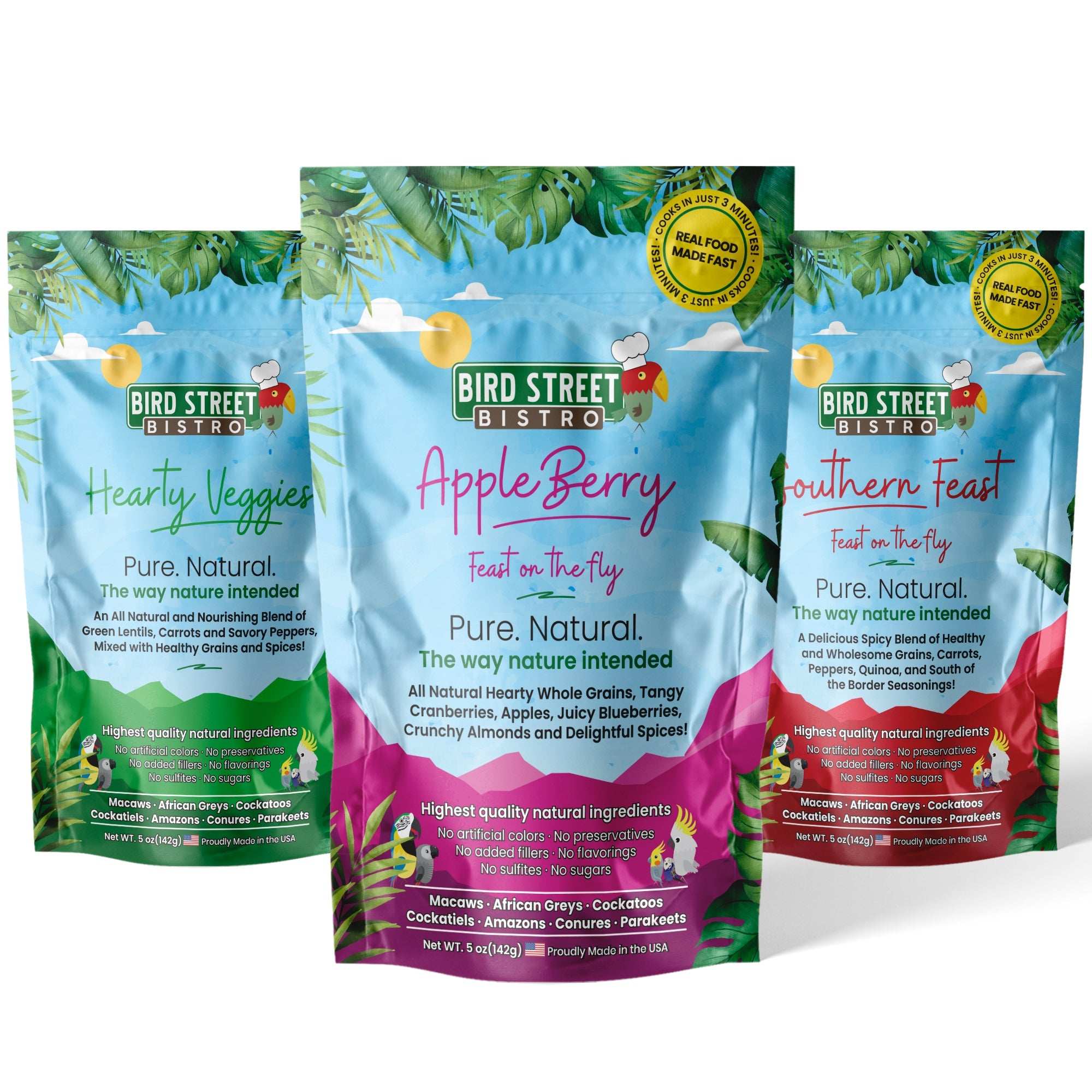 Parrot Food Tri-Pack with three natural blends for parrots including Hearty Veggies, Southern Feast, and AppleBerry samples