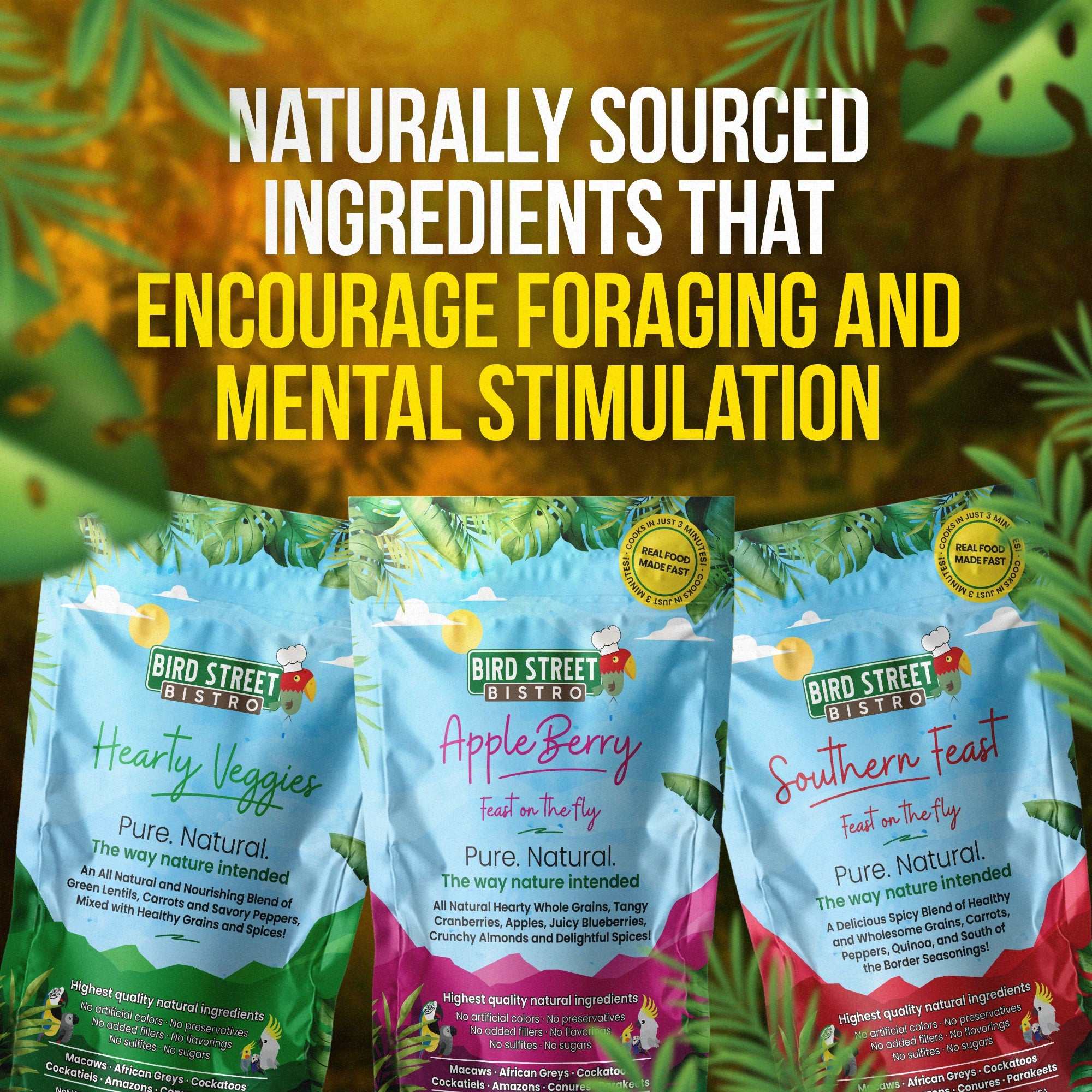 Parrot Food Tri-Pack sampler with three natural blends for various parrot species