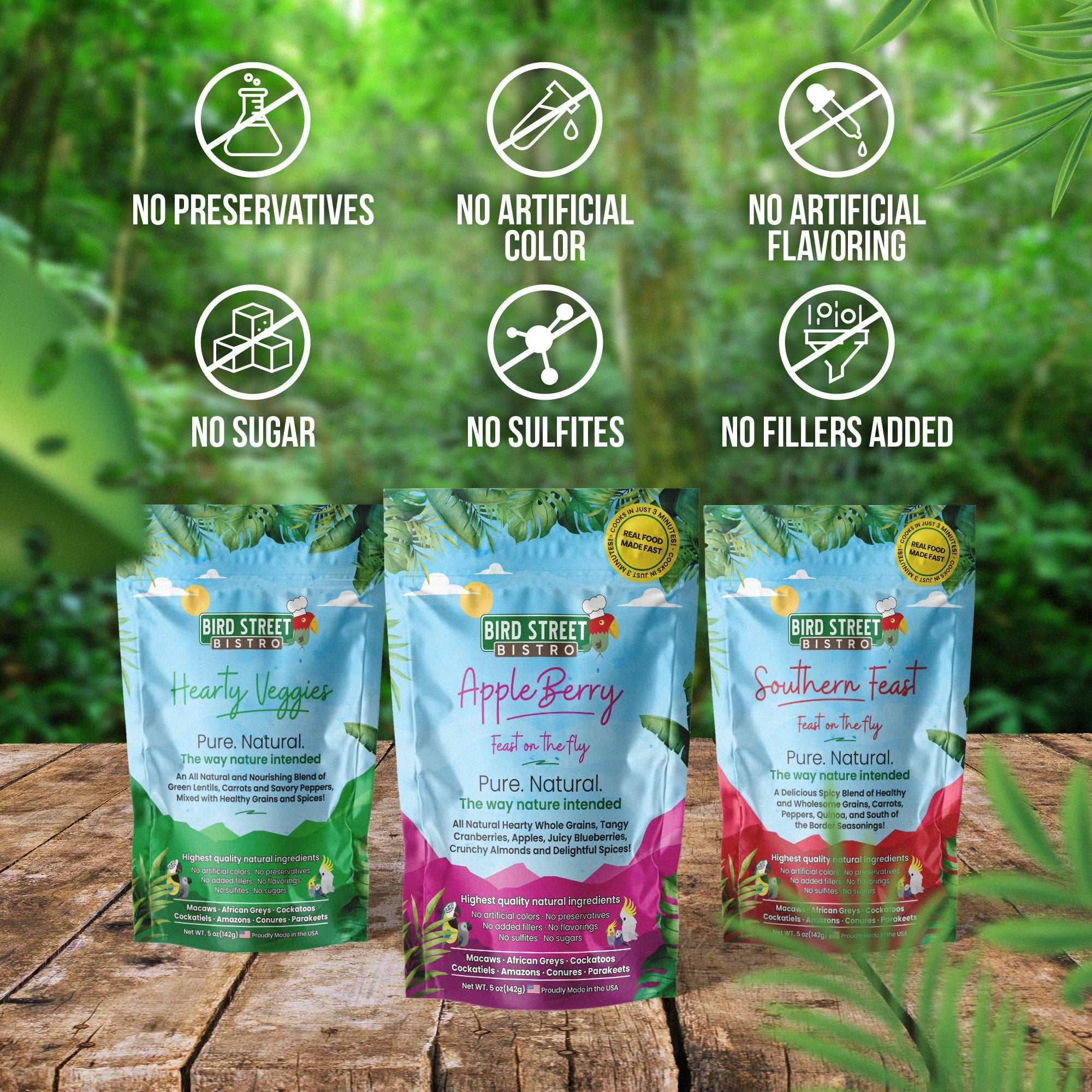 Parrot Food Tri-Pack sampler with three nutritious blends for various parrots including parakeets and macaws