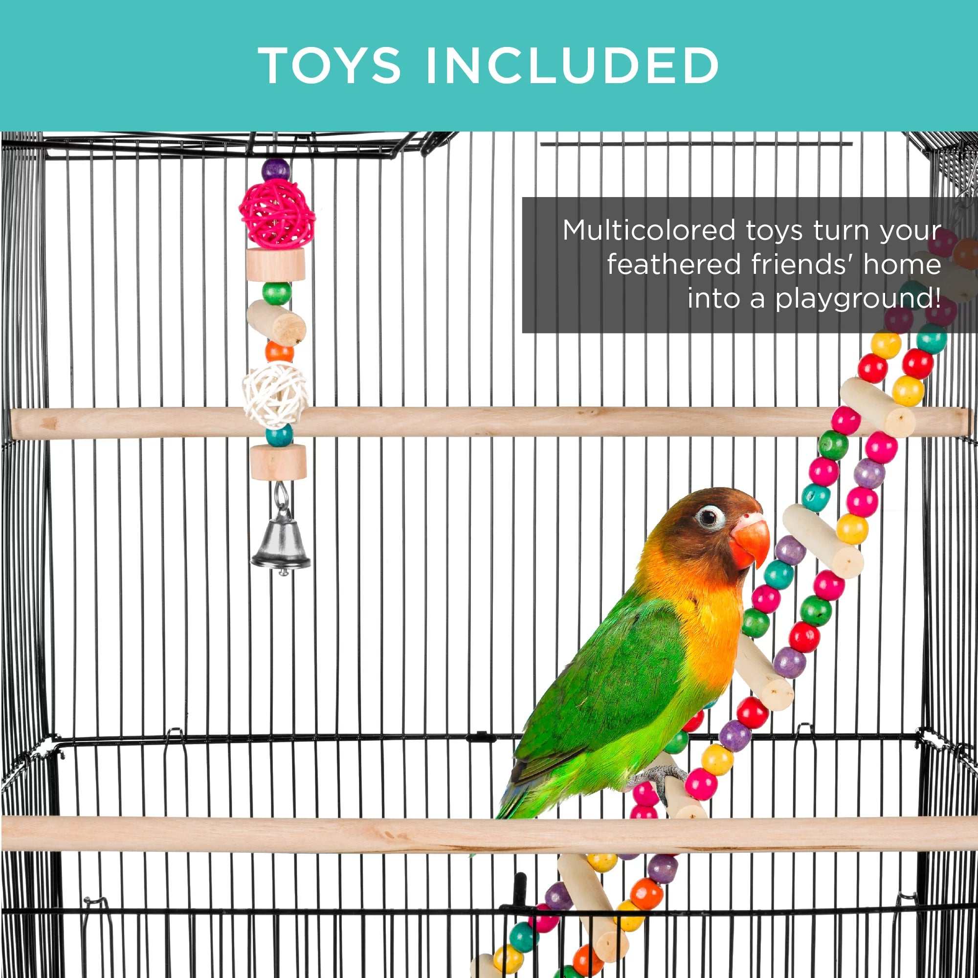 36in Indoor/Outdoor Iron Bird Cage with eco-friendly feeders, wooden toys, and easy-clean slide-out tray for small to medium birds