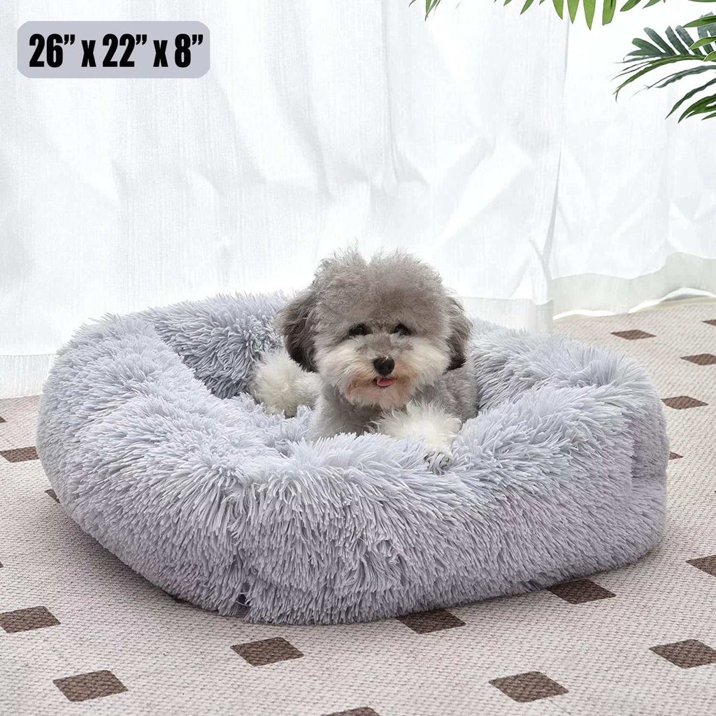 Light gray plush cat bed for indoor cats and small dogs up to 25 lbs with non-slip waterproof bottom