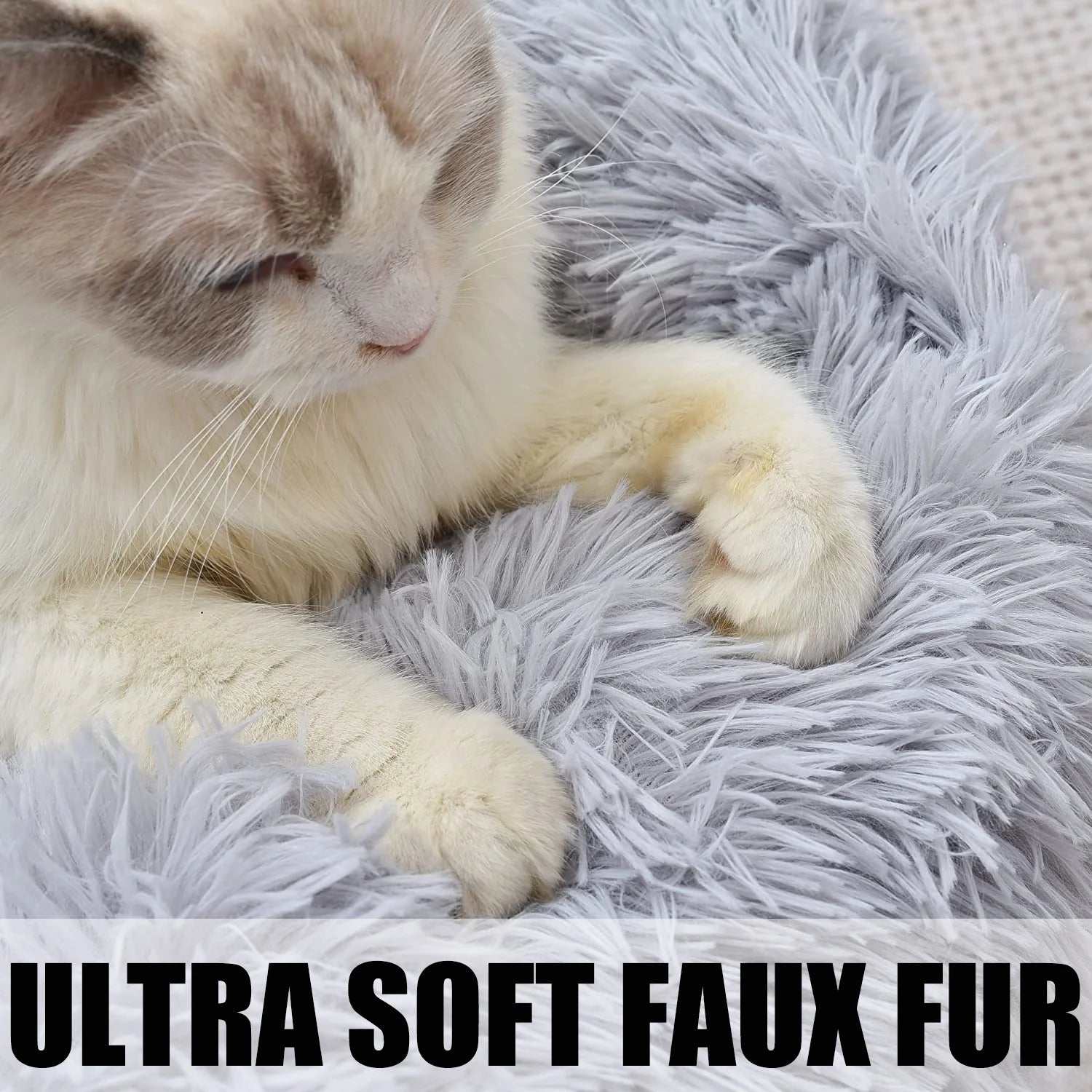Light gray plush cat bed for indoor cats and small dogs up to 25 lbs with non-slip waterproof bottom