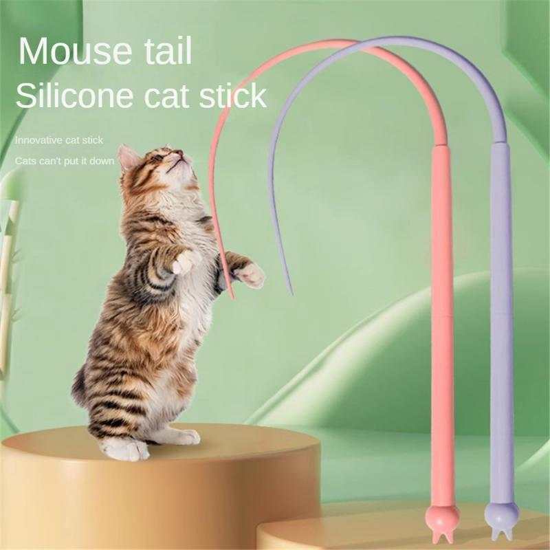 Simulated mouse tail silicone cat toy with cute cat head and interactive soft tail design
