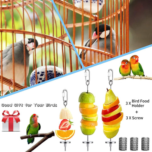 Set of 3 stainless steel bird food holders with hanging hooks and washers for fruit and vegetable feeding