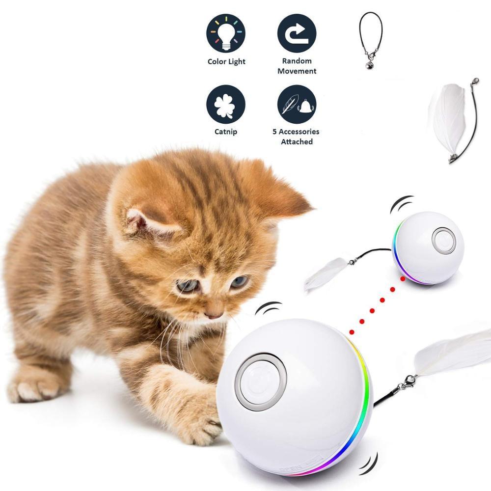 Automatic Smart Cat Toys Ball Interactive Catnip USB Rechargeable Self Rotating Colorful Led Feather Bells Toys for Cats Kitten Build-in Spinning Led Light Stimulate Hunting Instinct
