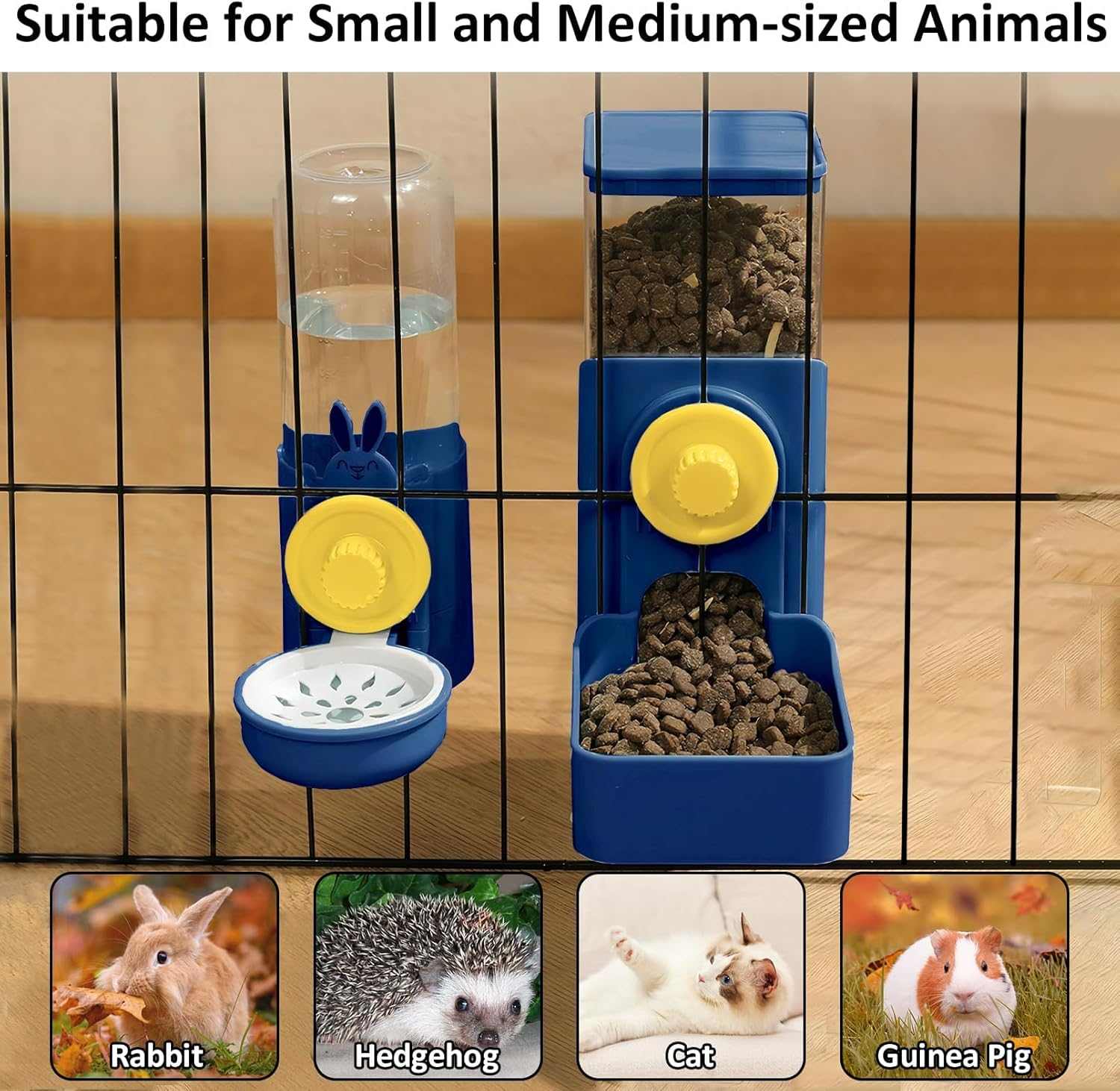 Hanging automatic food water dispenser for small pets made of transparent PET material with easy refill and cleaning design