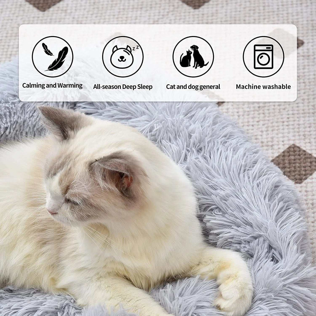 Light gray plush Cat Bed for Indoor Cats and small dogs with non-slip waterproof bottom