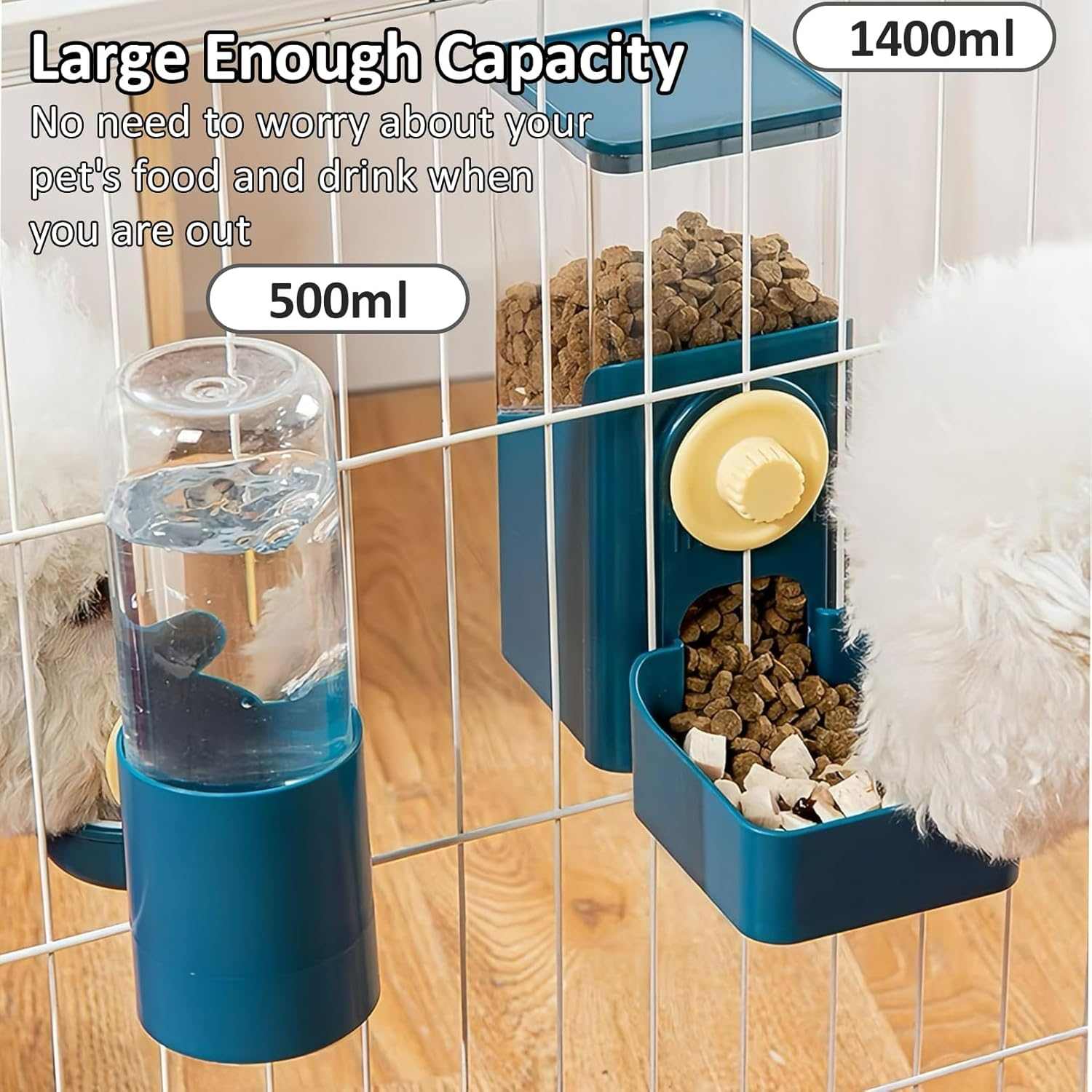 Hanging automatic food and water dispenser for small pet cages with transparent material and push-button design