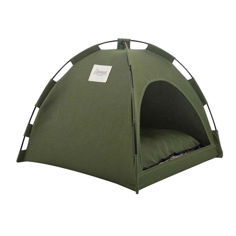 Military green cat tent cooling mat with cushion for indoor pet comfort and travel use