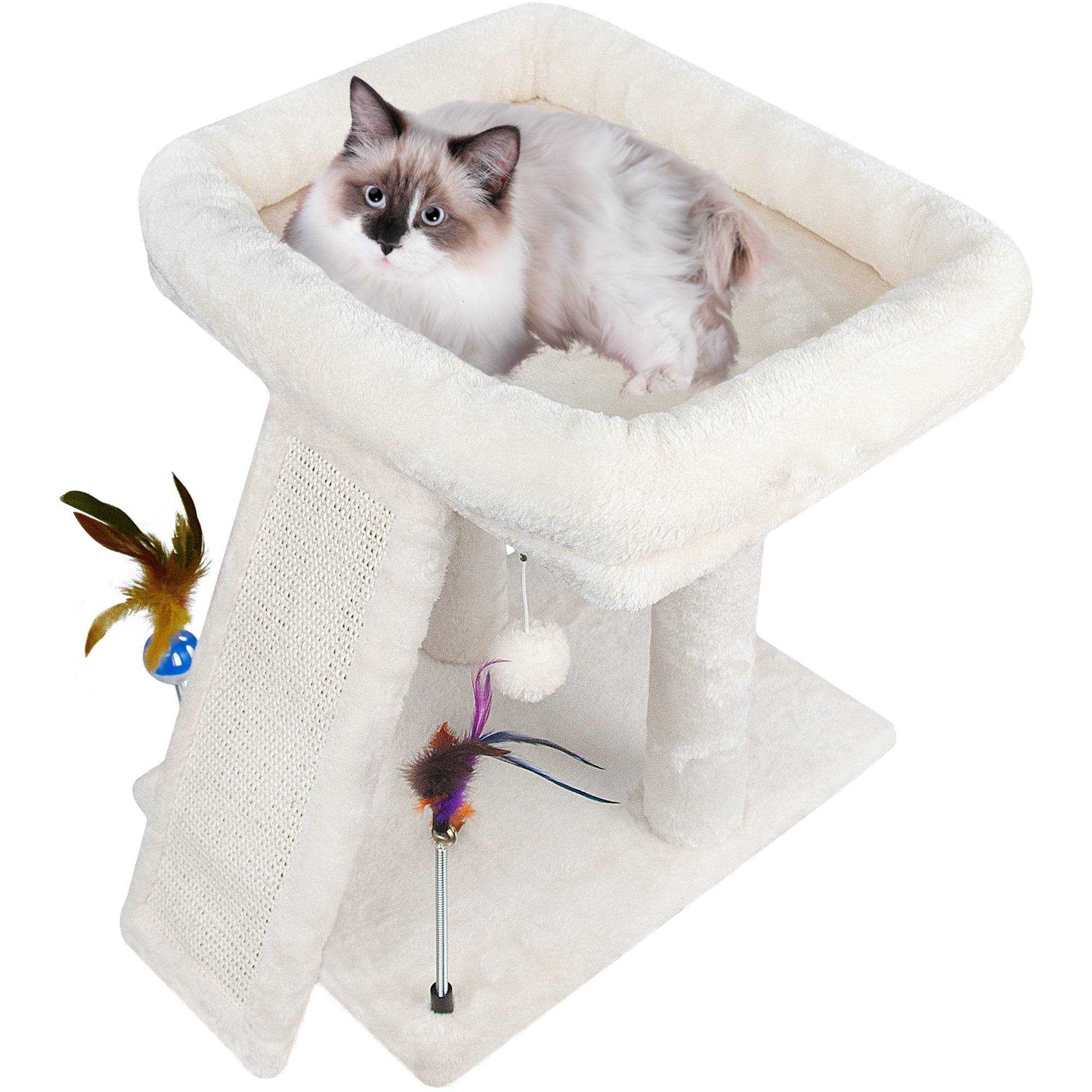 Beige cat tree with condo, scratch post, hammock, and hanging balls for cats