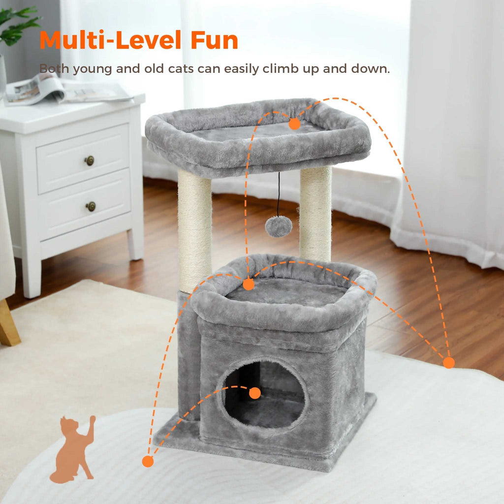 Cozy gray cat tree with multi-level tower, condo, spacious perch, and sisal scratching posts for medium cats