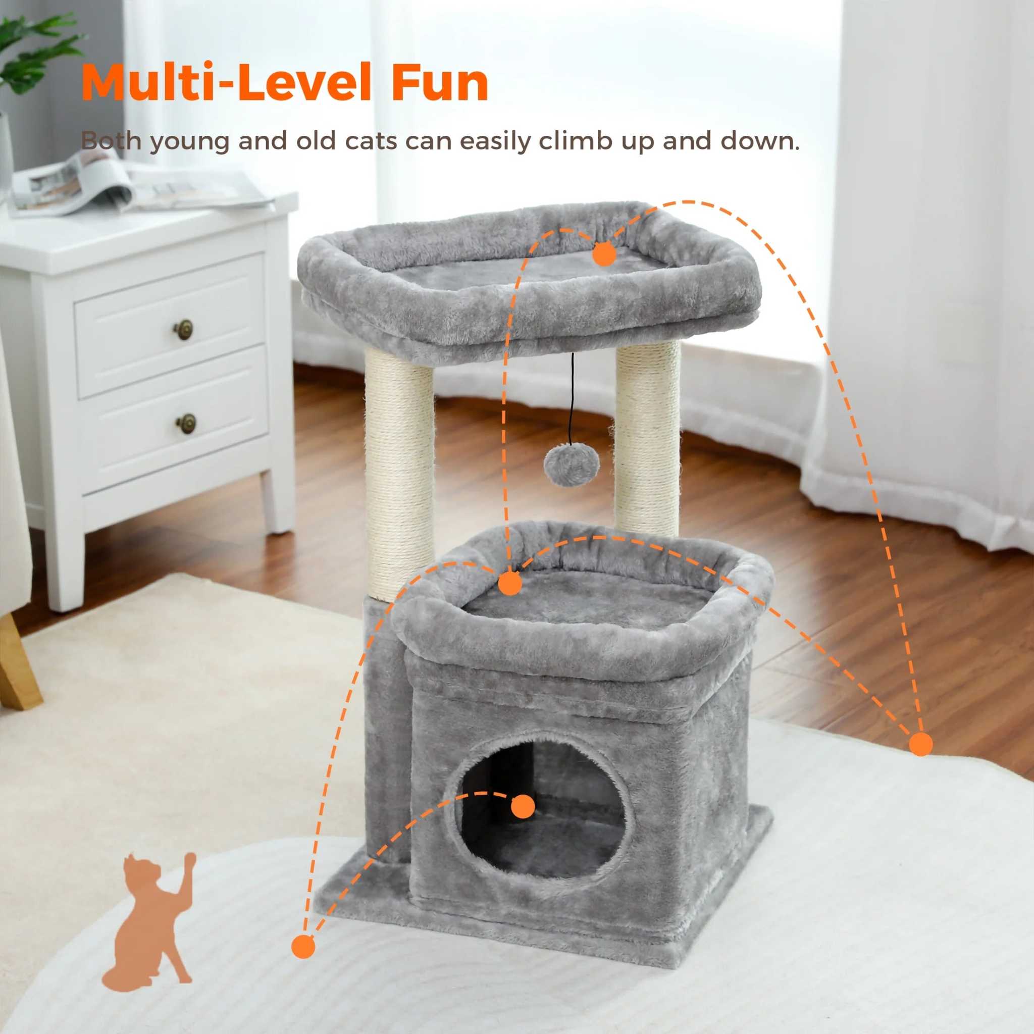 Cozy gray cat tree with multi-level tower, condo, spacious perch, and sisal scratching posts for medium cats