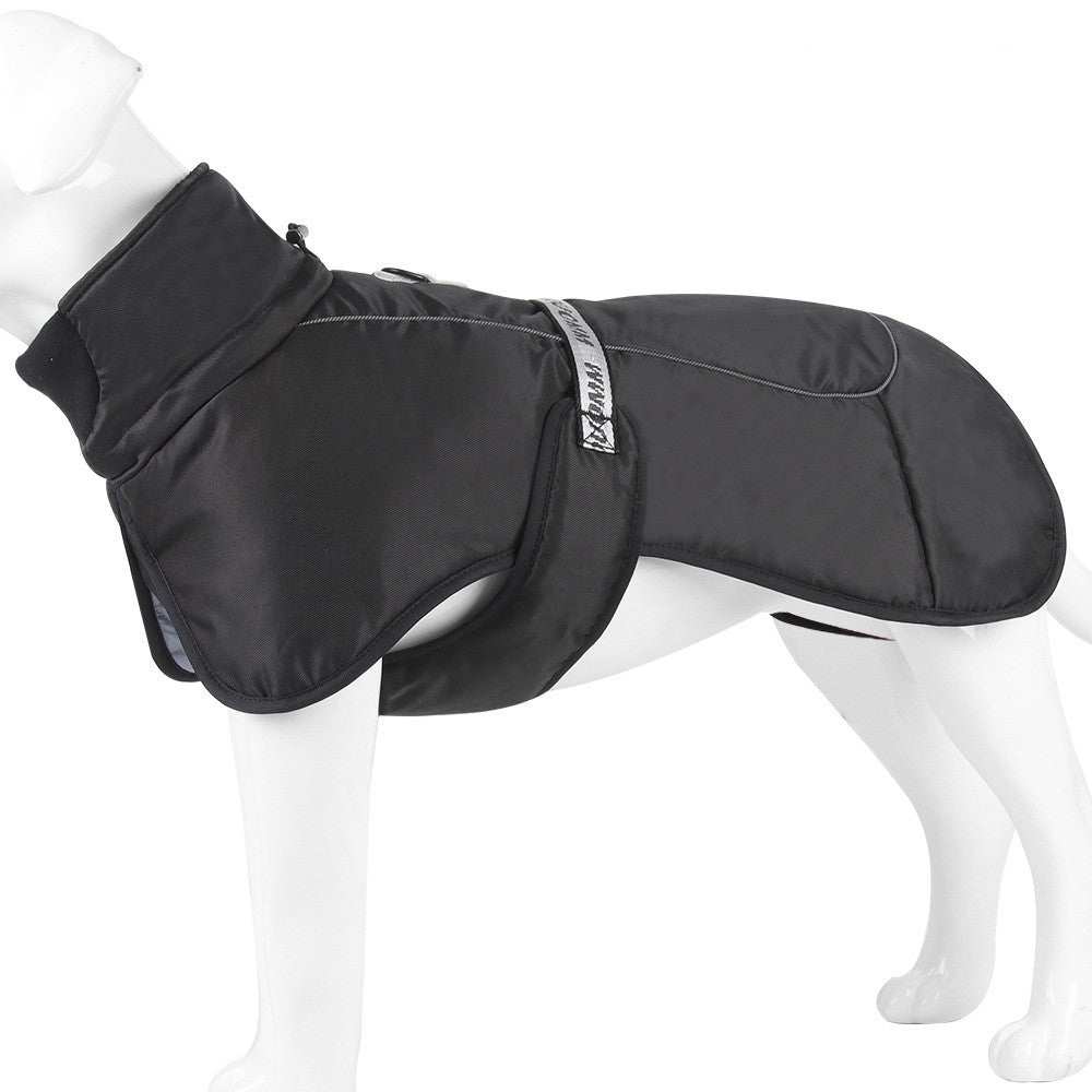 Warm dog clothes cloak style with reflective strips and adjustable fit