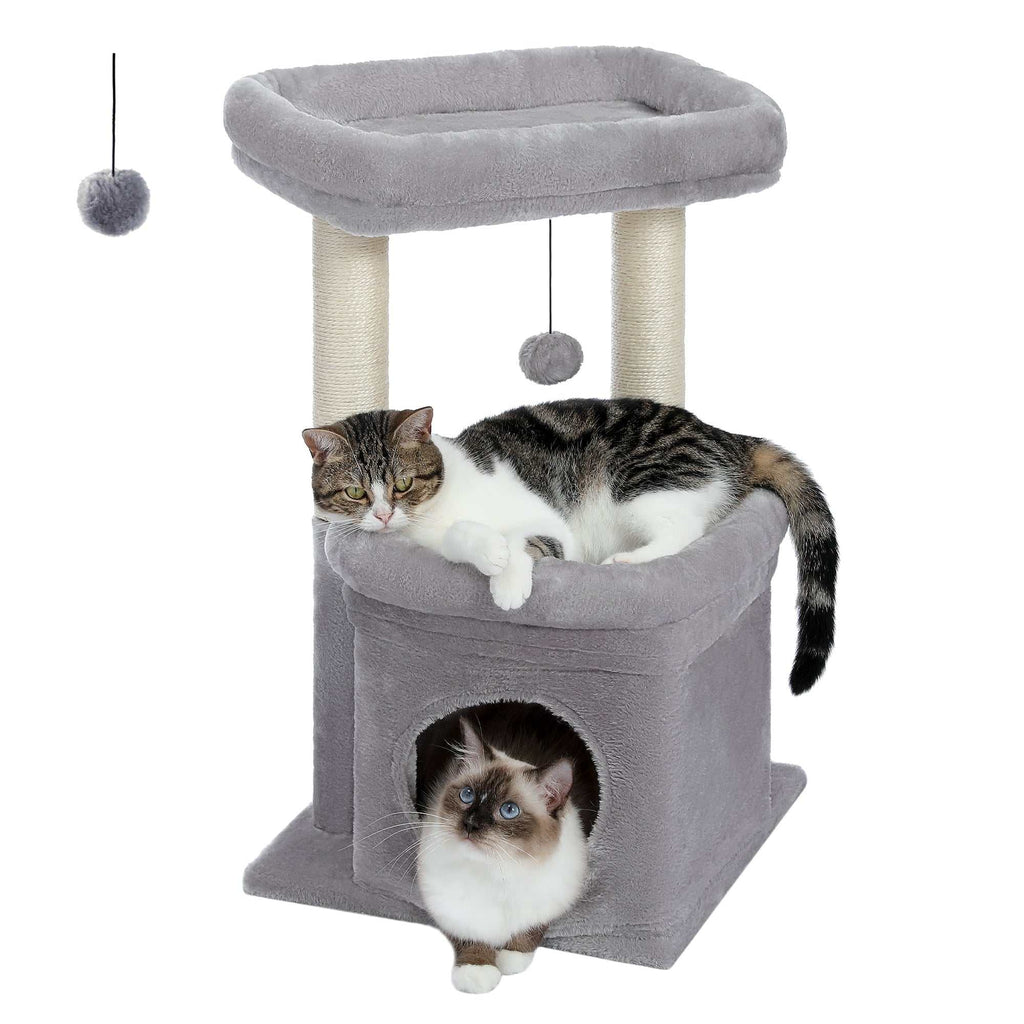 Cozy gray cat tree condo with multi-level tower, spacious perch, and sisal scratching posts for medium cats