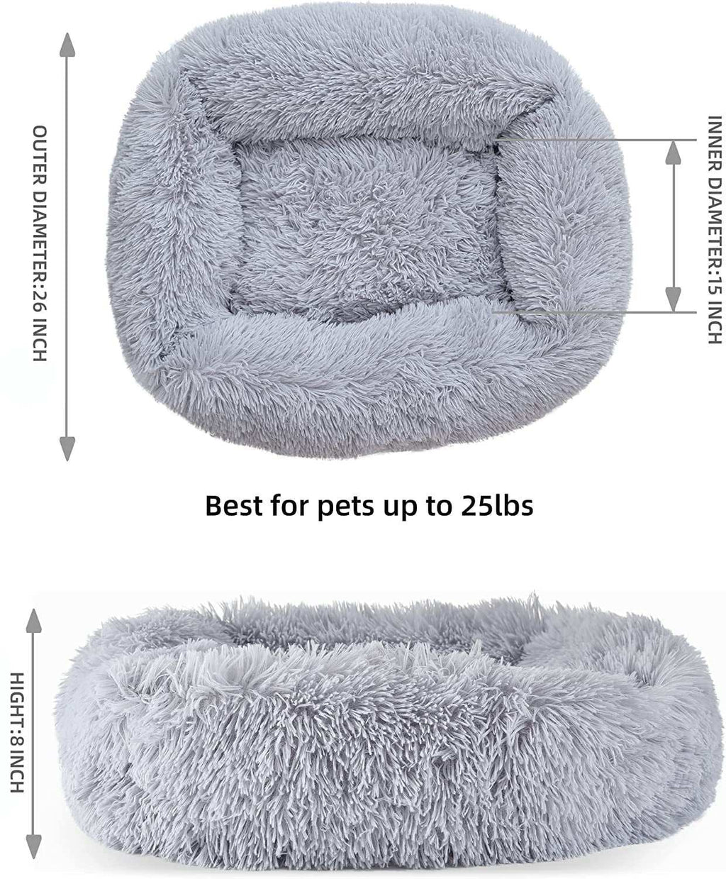 Light gray plush cat bed for indoor cats and small dogs up to 25 lbs with non-slip waterproof bottom
