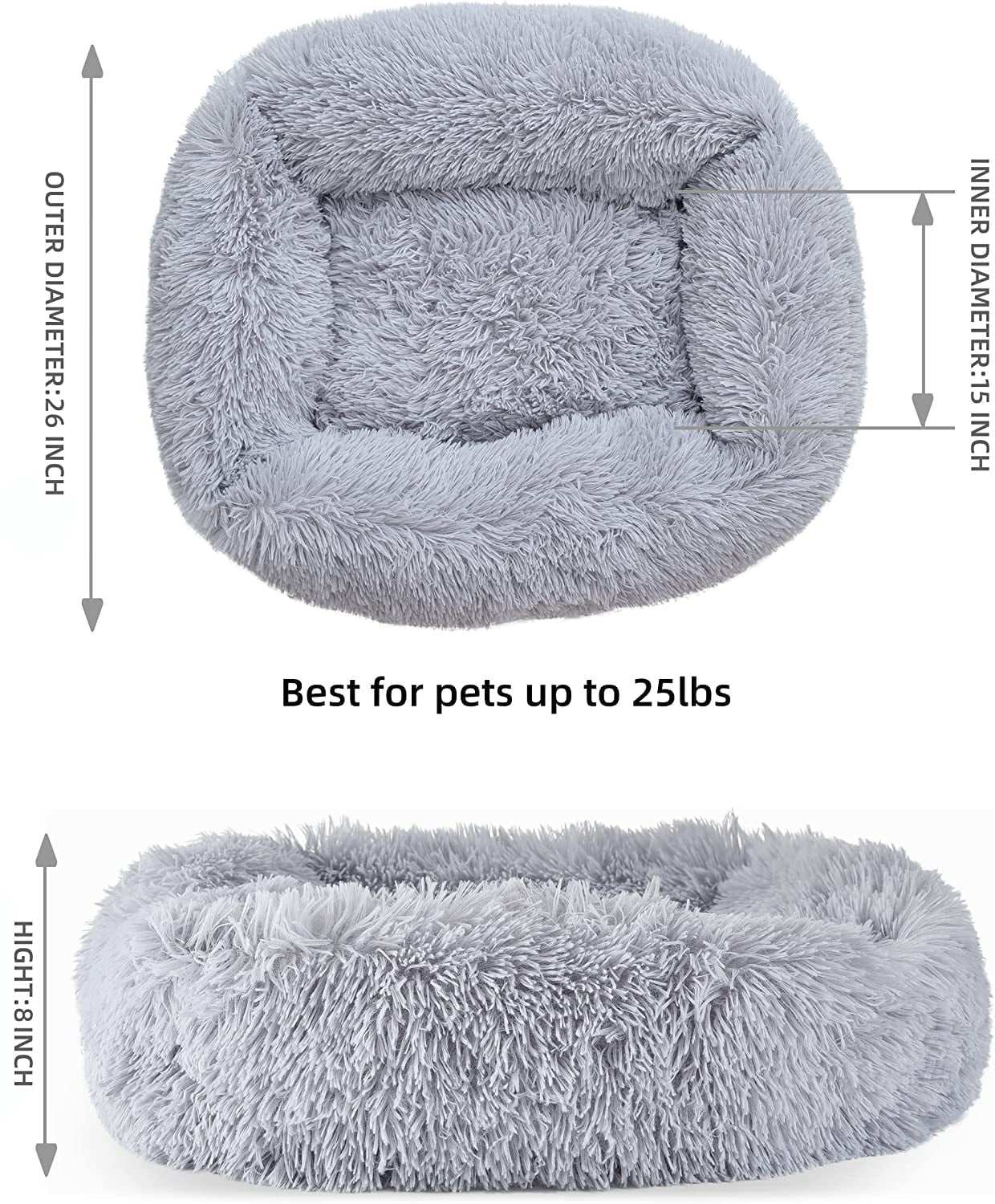 Light gray plush cat bed for indoor cats and small dogs up to 25 lbs with non-slip waterproof bottom