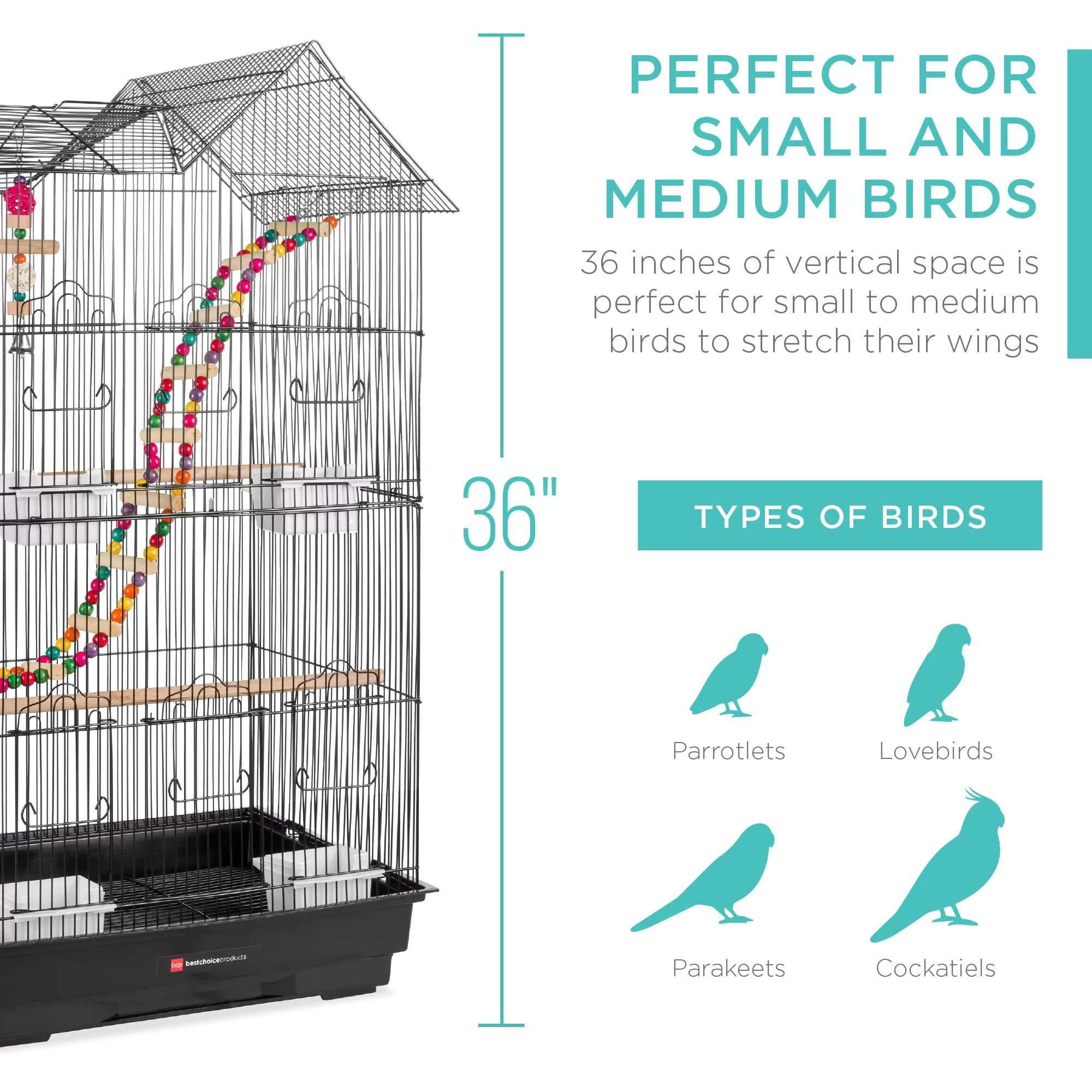 36-inch Indoor/Outdoor Iron Bird Cage with toys and easy-clean tray for small to medium birds