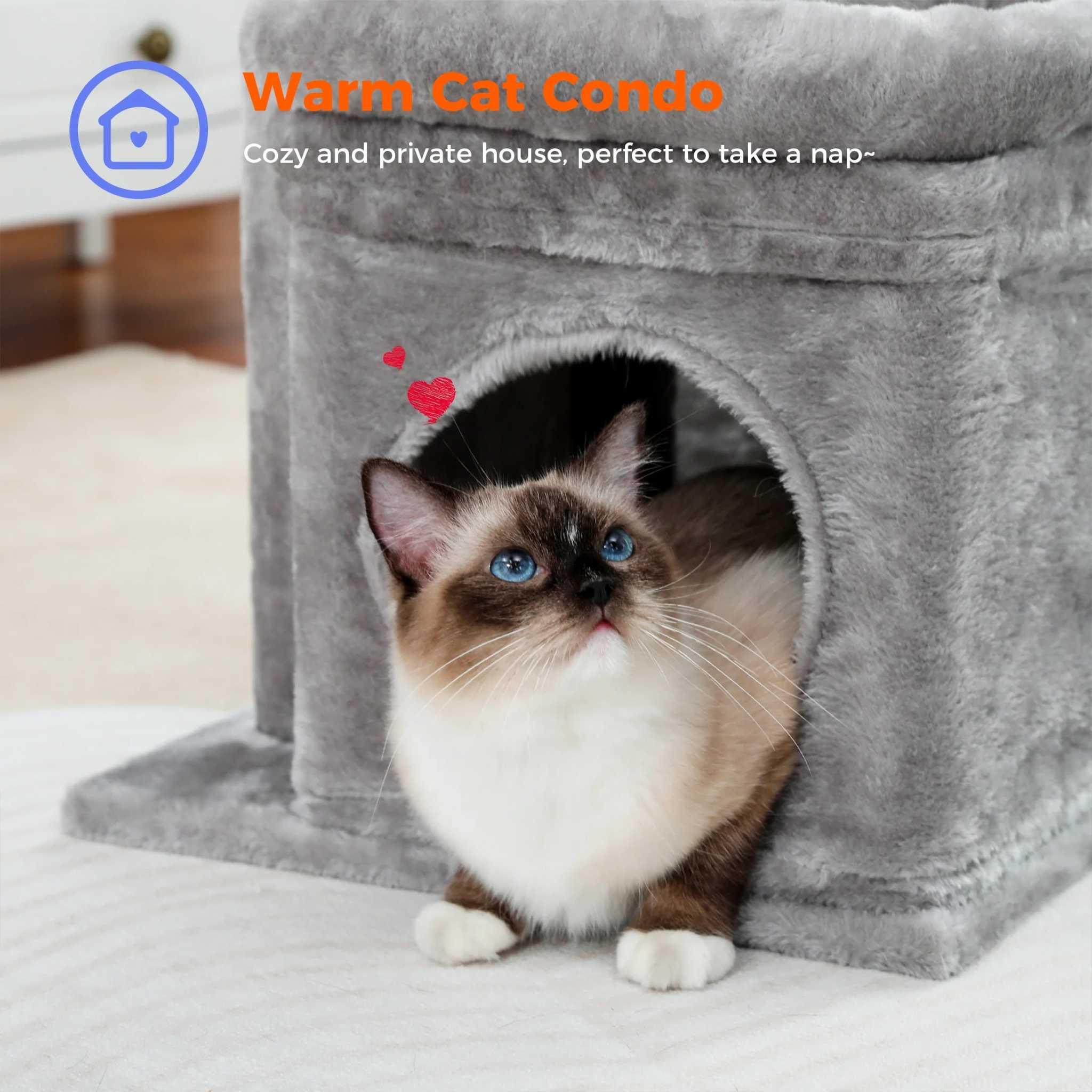 Cozy gray cat tree condo with multi-level tower, spacious perch, sisal scratching posts for medium cats