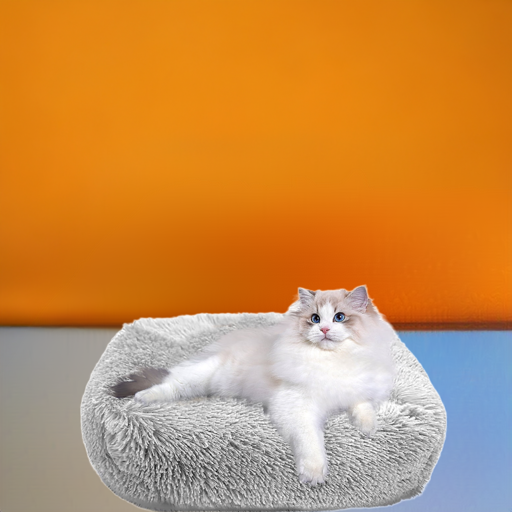 Light gray plush cat bed for indoor cats and small dogs, soft and washable, with non-slip waterproof bottom