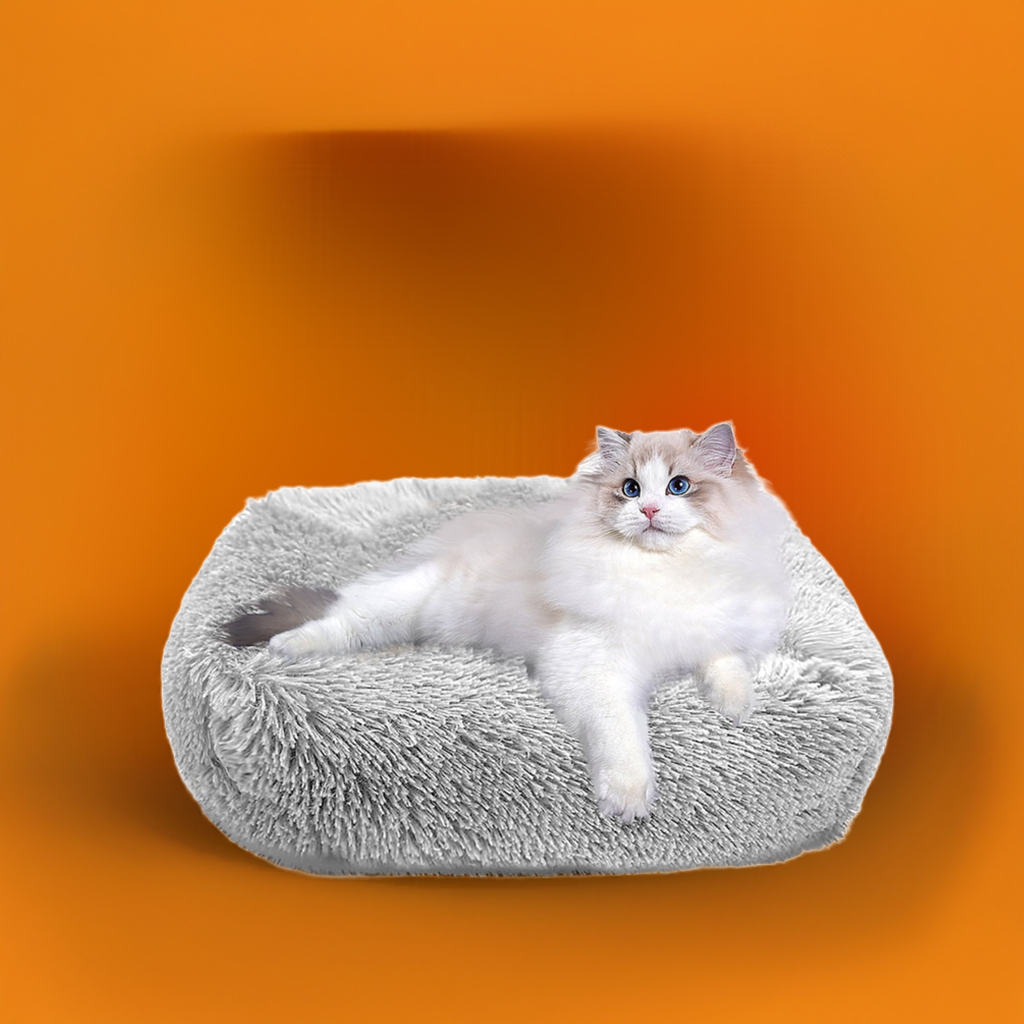 Light gray plush cat bed for indoor cats and small dogs up to 25 lbs with non-slip waterproof bottom