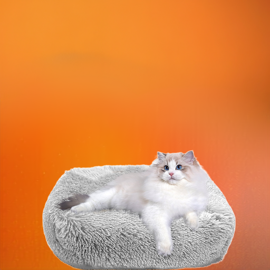 Light gray plush cat bed for indoor cats and small dogs up to 25 lbs with non-slip waterproof bottom