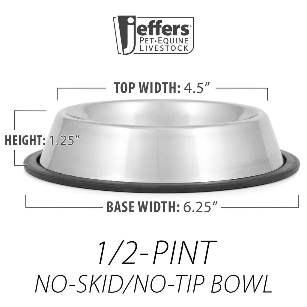 Jeffers No-Skid/No-Tip stainless steel pet bowls with rubber base for slip and tip prevention