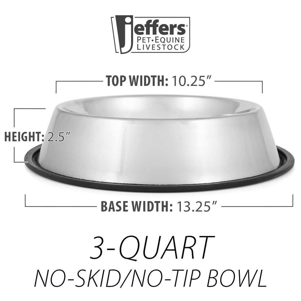 Jeffers No-Skid/No-Tip stainless steel pet bowls with rubber base preventing tipping and sliding